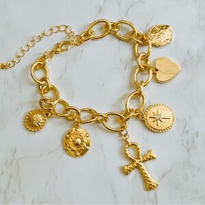 18k gold plated Ankh charm star ⭐️ heart 💛 oval link 7” to 9” bracelet